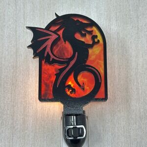 Dragon Silhouette Fire Night Light Fantasy Mythical Plug In Wall Lamp Black Red